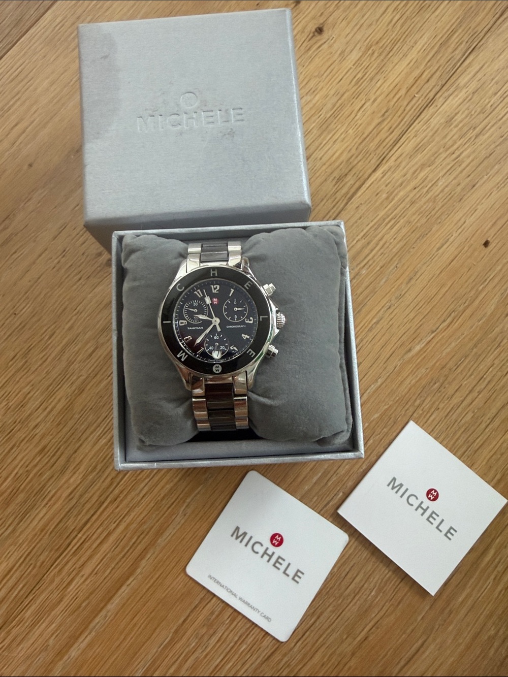 Michele Men’s Silver Bracelet Watch with Black Dial
